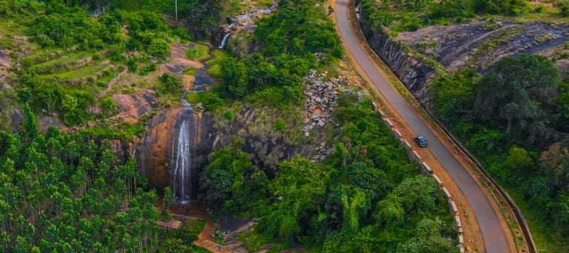 A winding road cutting through dense green forests and rocky cliffs along a scenic mountain route.