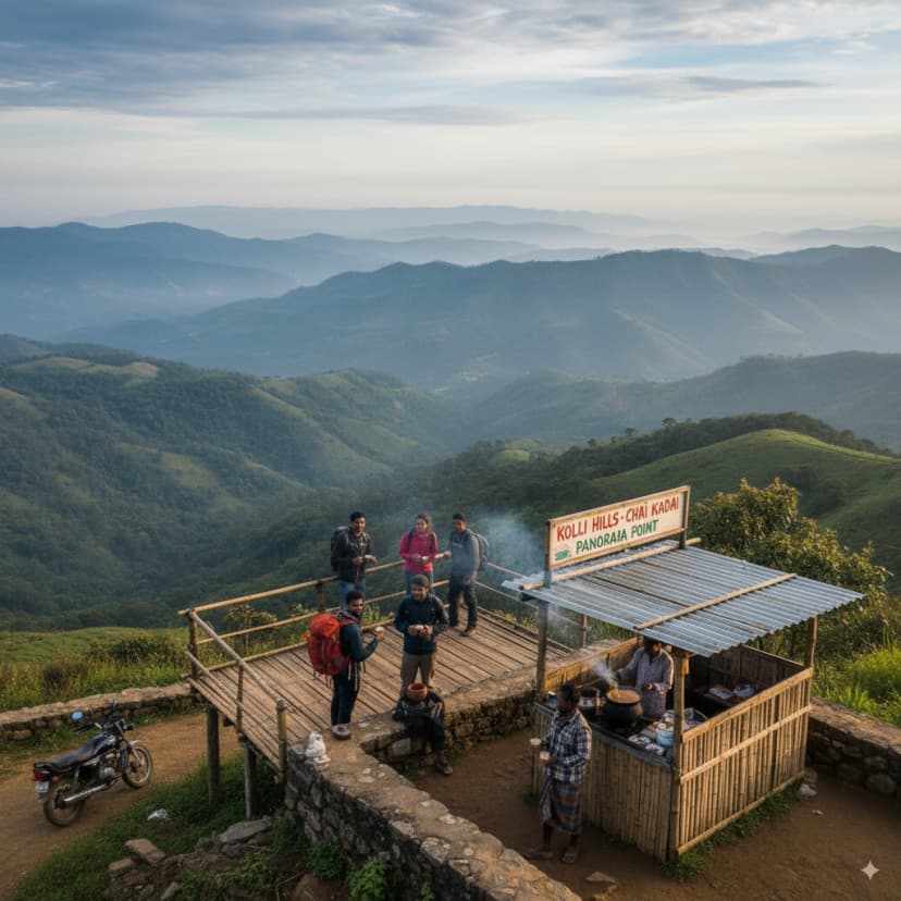 Travelers enjoying panoramic mountain viewpoints at a small chai stop overlooking lush green hills.