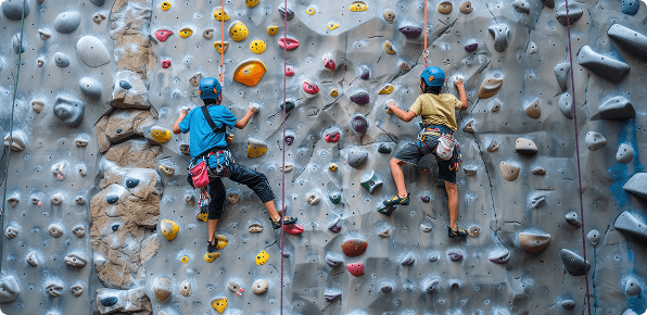 Children scaling an indoor climbing wall with safety harnesses during a fun rope challenge activity.
