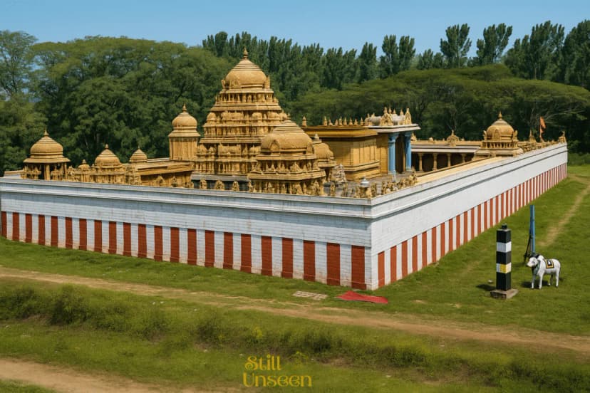A golden temple structure surrounded by greenery, offering nearby access to peaceful waterfalls.