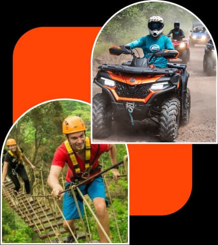 Collage of adventure activities including quad biking and rope challenges showcasing team experiences