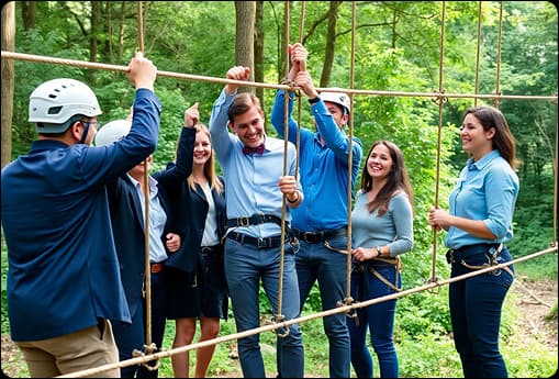 A group of colleagues participate in an outdoor rope activity, working together during a corporate team outing.