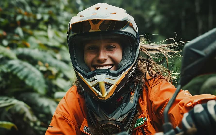 Smiling adventure rider wearing certified safety helmet at Rushcliff Adventures near Kolli Hills
