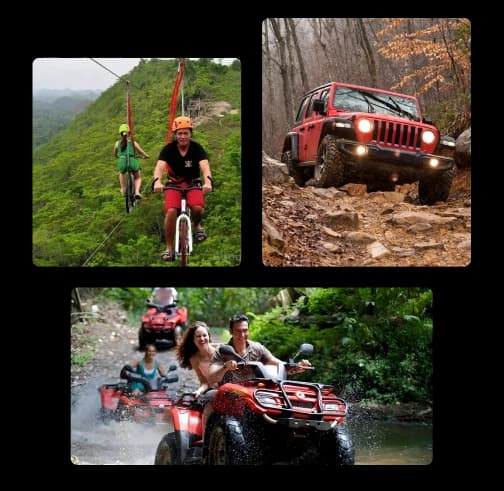 Adventure activities like cycling zipline, off-road jeep rides, and ATV fun set in Kollihills, Tamilnadu.