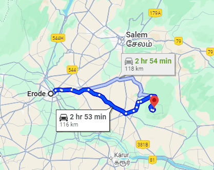 Driving distances and times from Karur and Salem to RushCliff Adventures in Kolli Hills