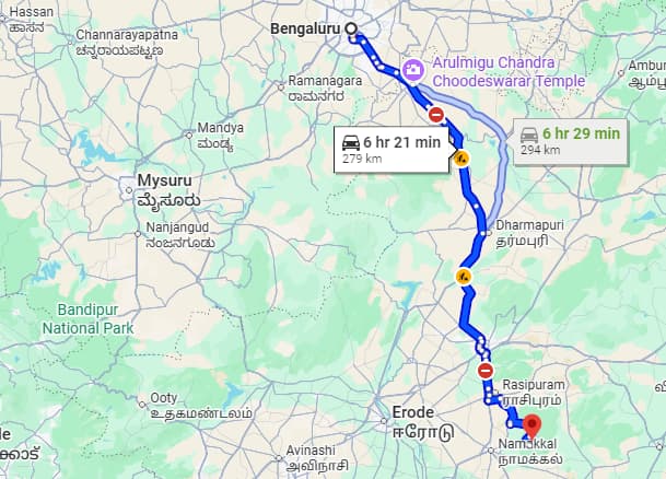 Driving route from Bangalore to RushCliff in Kolli Hills. Distance: 310 km. Travel time: ~6.5 hours via Dharmapuri.