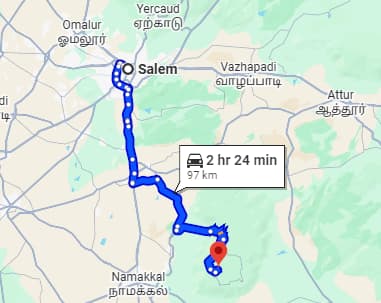 Route map from Salem to RushCliff via 70 hairpin bends in Kolli Hills, distance, and travel time.