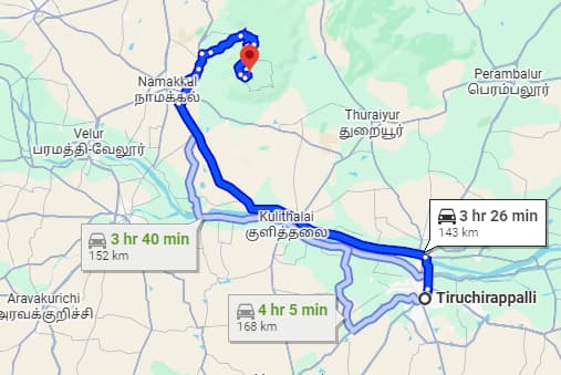 Driving route from Trichy to RushCliff via Kolli Hills' 70 hairpin bends, its distance and travel time