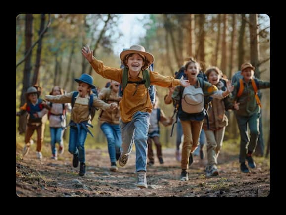Children with backpacks run excitedly through a forest trail during an outdoor school trip adventure experience