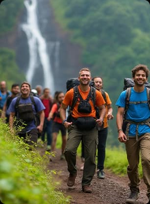 Group of trekkers walking together during orientation in Kolli Hills Adventure Theme Park.