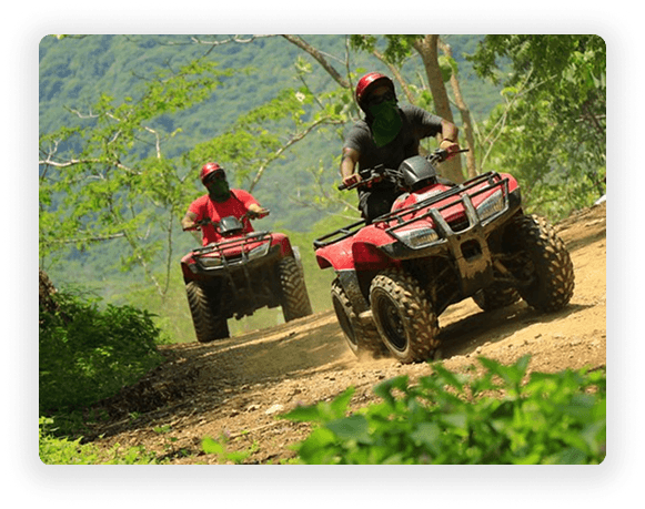 Two riders speeding through a forest trail on quad bikes during an outdoor adventure activity session.