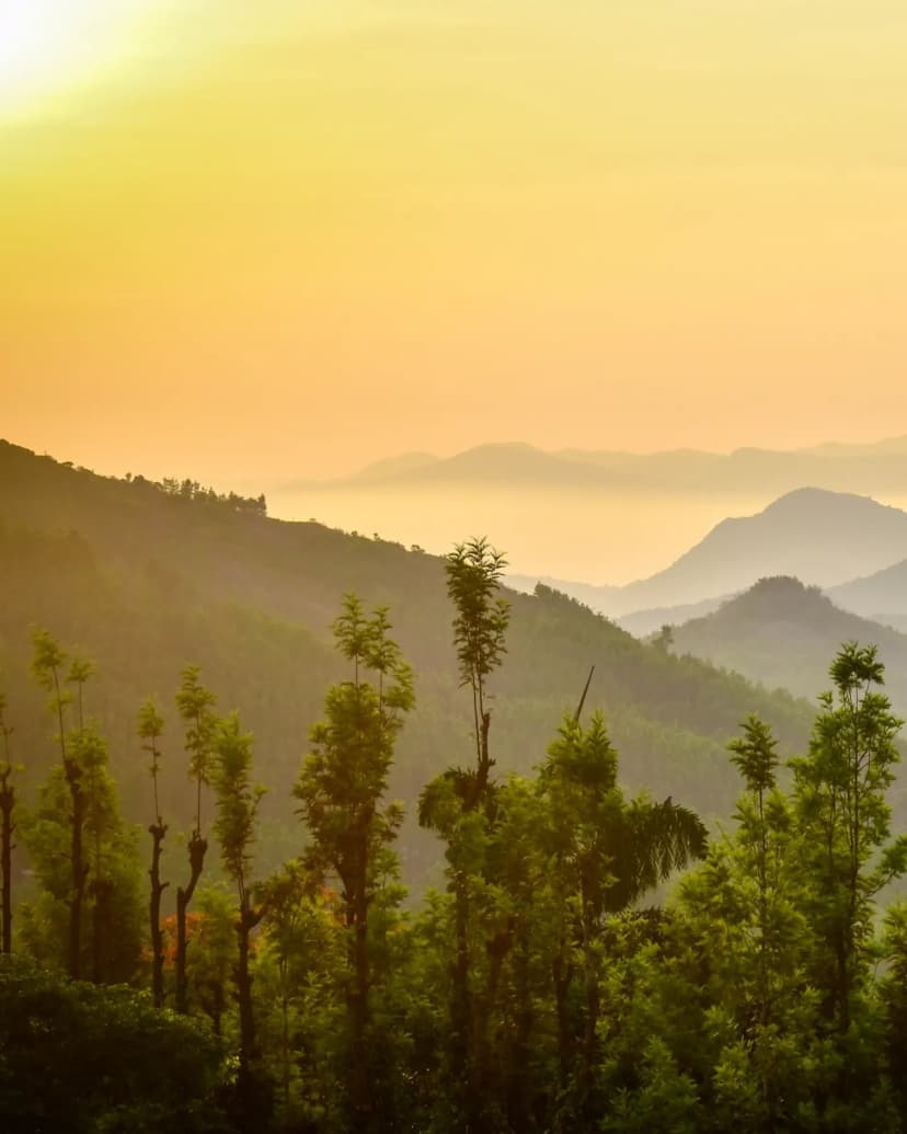 Golden Sunrise Over Scenic Hills Along the Karur Travel Route Soft golden sunlight spreads across layered hill ranges with lush greenery, creating a calm sunrise viewpoint.