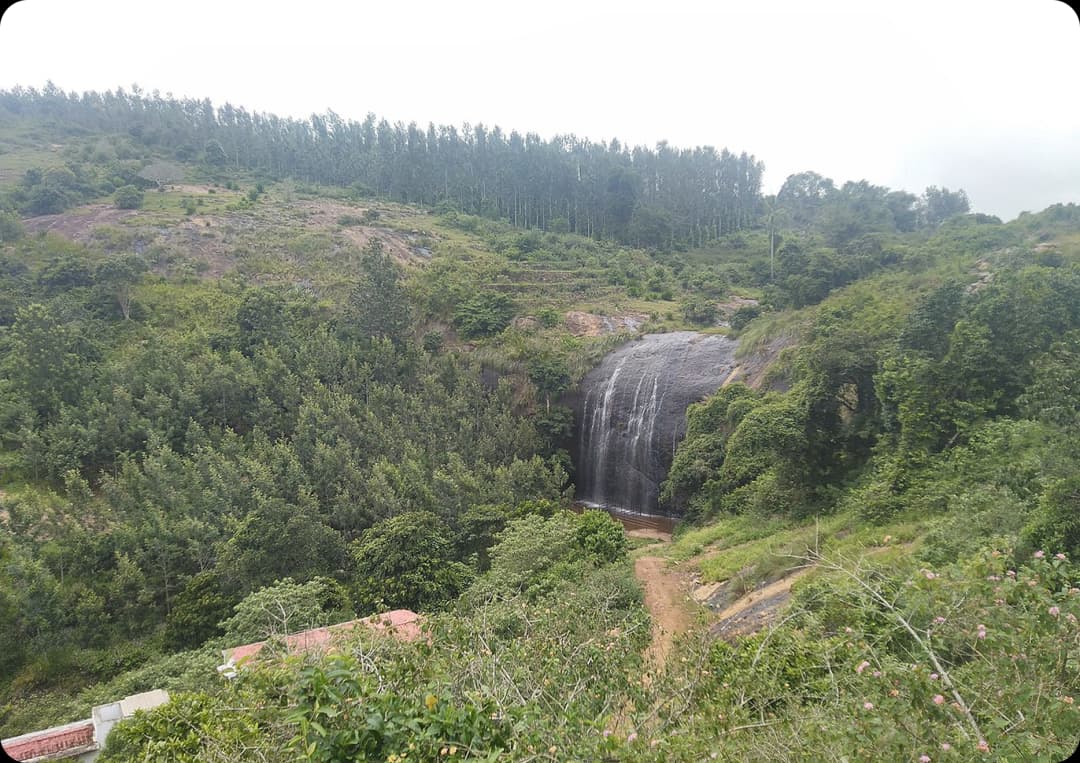 Scenic Nama Aruvi Waterfall View Near Kolli Hills Nama Aruvi waterfall seen amid wide green hills and dense forests creating a peaceful and refreshing natural view