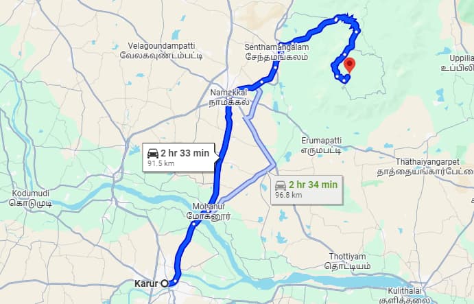 How to Reach RushCliff Adventures from Karur Driving route and time taken from Karur to RushCliff in Kolli Hills via Namakkal.
